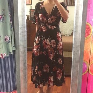 1. State black floral midi wrap dress